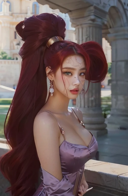Una caricatura de una mujer con cabello rojo y pechos grandes., portrait of megara, megara, britney lee, diosa pelirroja, la diosa hera luciendo enojada, Afrodita, pecho melancólico, la diosa griega afrotita, la diosa artemisa sonriendo, la diosa hera luciendo enojada, krenz cushart y artgerm , jisoo from blackpink, popular south korean makeup, quality detailed ,(beautiful makeup :1.2), Wide hips, big, big ass, (best quality, 8K, masterpiece: 1.3), Clear focus: 1.2, Perfect body beauty: 1.4, strong abs, Very detailed face and skin texture. , detailed eyes, double eyelids, (long hair), having very marked curves, with greater volume in ((hips and breasts)), which makes the waist look much smaller ((wasp waist)).(obra maestra, calidad superior, mejor calidad, arte oficial, profundidad de campo, Belleza y Estética: 1.2), renderizado pináculo, Representación realista, (1 chica)