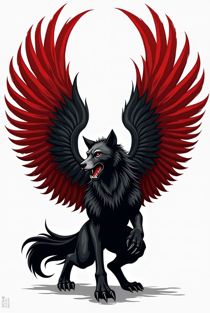 Clan emblem , black and white wolf red wings