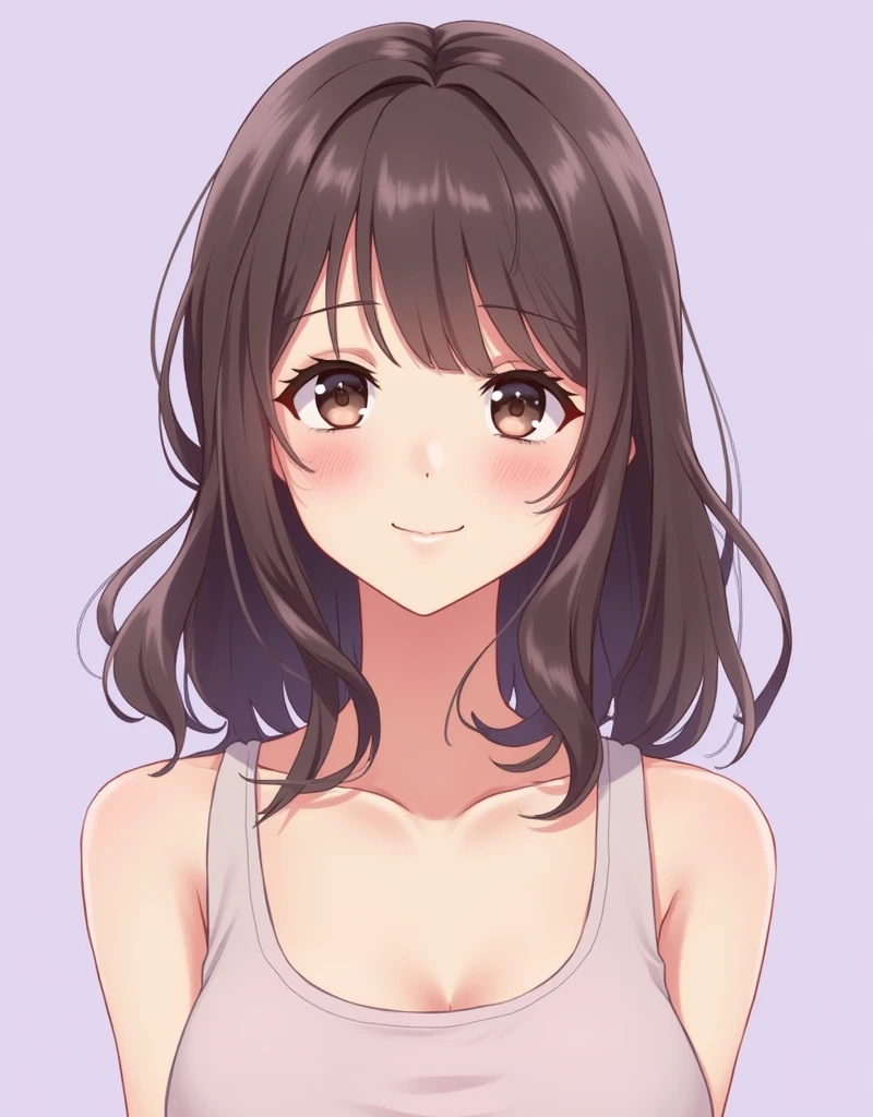 Gentle smile, medium hair, 30s woman, anime-style illustration, light purple background