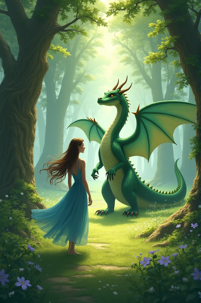 Bia walking through the forest in a blue dress with tall trees around. She sees Greenie, a green dragon with big wings, curled up in a clearing, looking at her with a curious look.