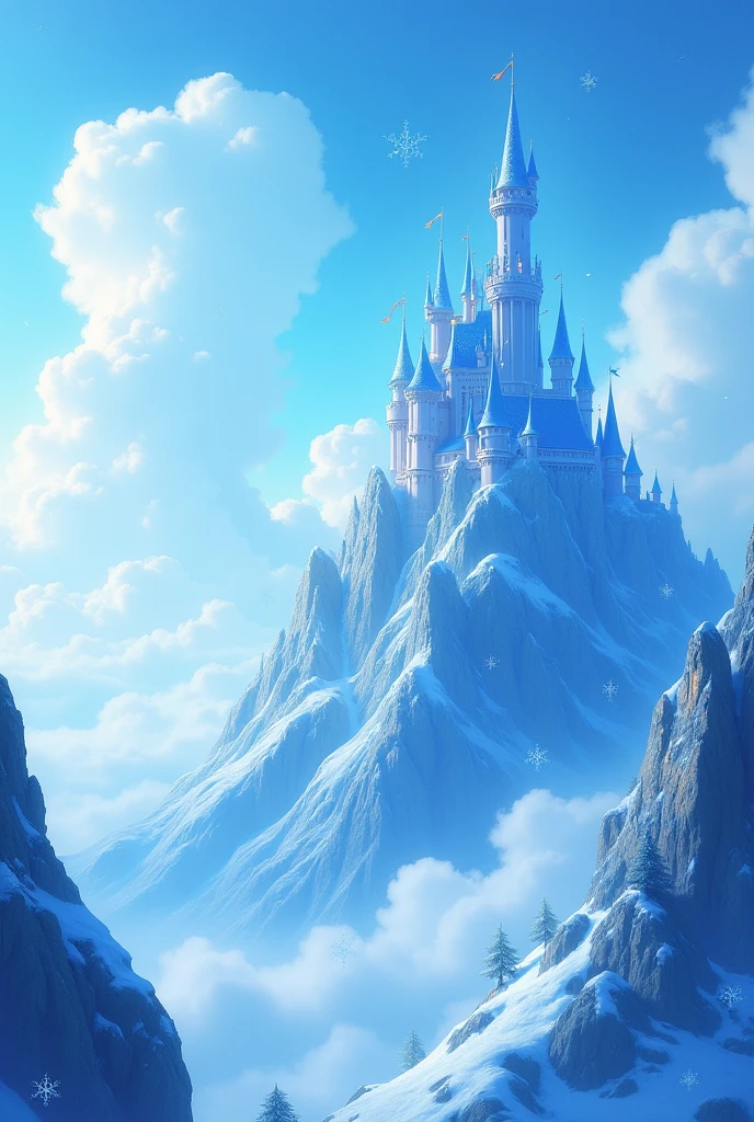 A blue castle on top of the ice mountain in the upper right corner, lots of clouds and snowflakes, Disney drawing, vibrant light blue, more clouds
