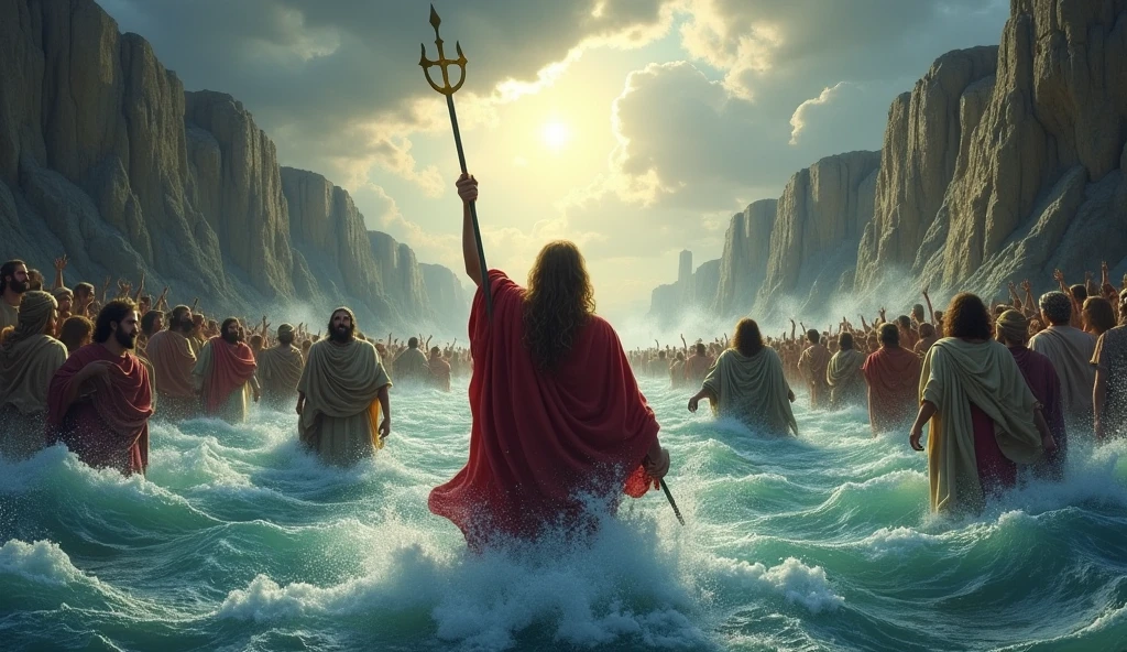 Moses raising his staff, with the waters of the Red Sea dividing into high walls. The Hebrew people crossing with expressions of hope and fear, under a stormy sky.