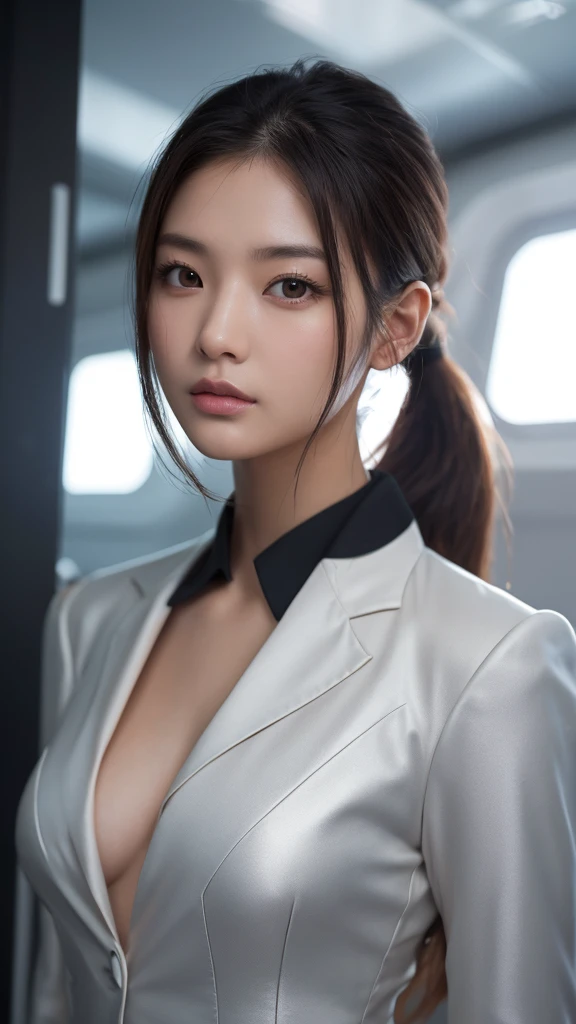 High resolution,woman,Korean Beauty,slim,Small breasts,Black Hair,ponytail,Brown eyes,No makeup, White skin,Age 27,Long face,High nose,In formal attire,uniform,Metallic space suit,There is no exposure, Model pose.universe船航空母艦, Futuristic, sf, universe, war