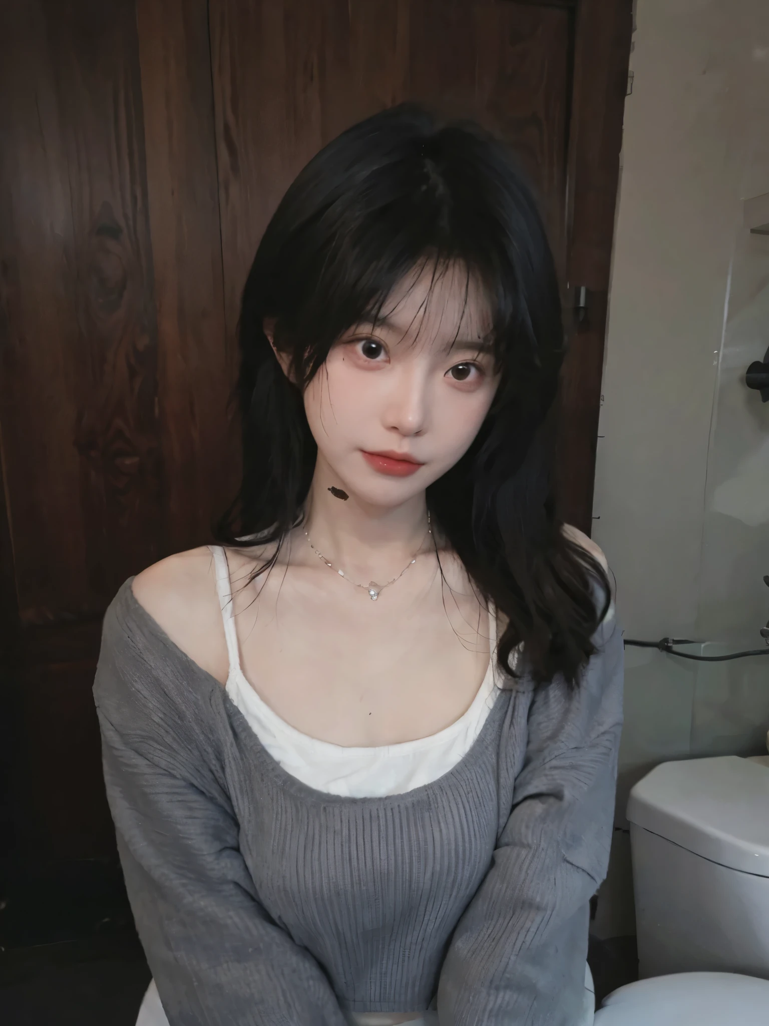 best qualtiy， Ultra-high resolution， （realisticlying：1.4），cute hairpin，1girll，Cropped black sweater ，head straight-looking at viewer，Full of atmosphere，Beautiful woman with a slim figure:1.4, abs:1.1, bathroom,Ultra-fine face，Elaborate Eyes，double eyelid，choker necklace