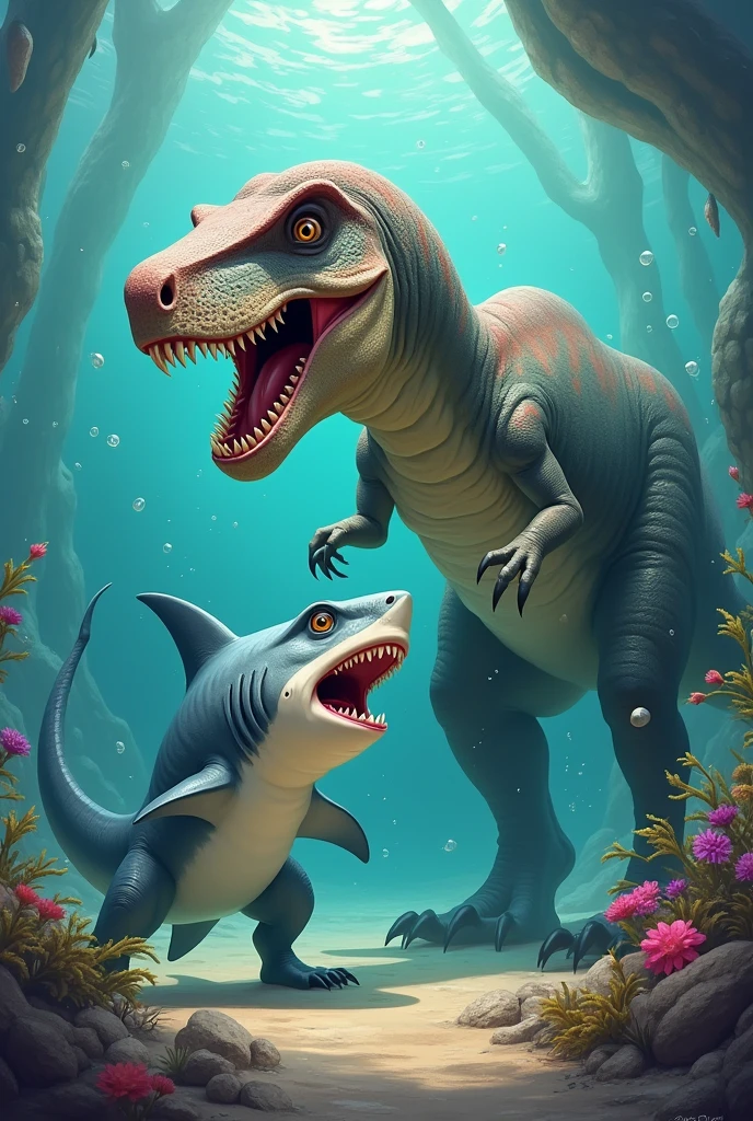 A dinosaur sucking on an animated shark
