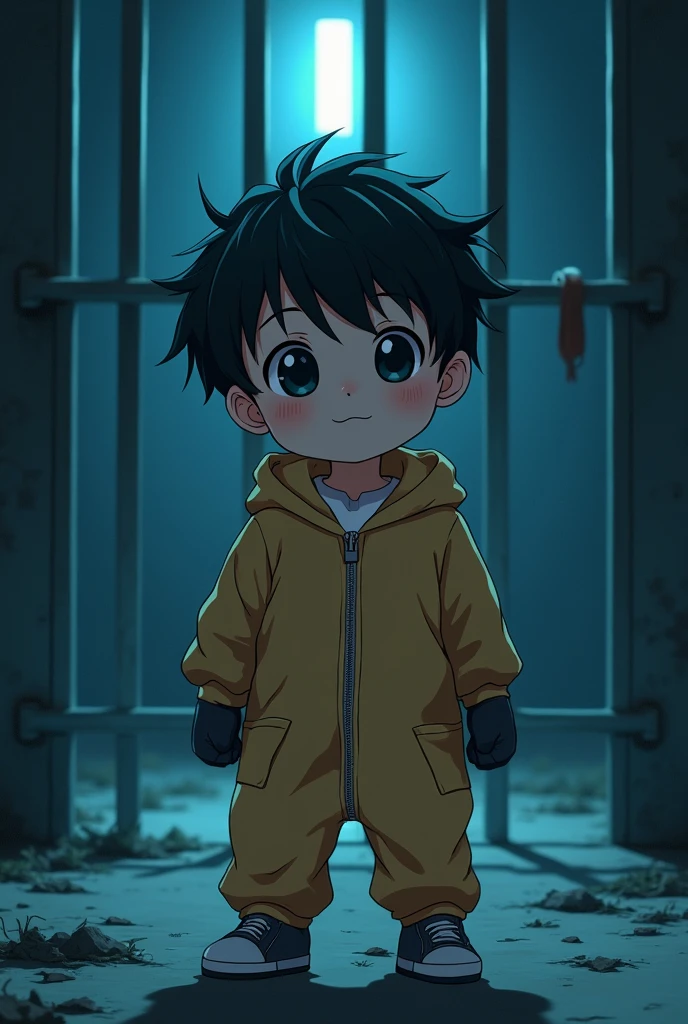 Cinematic Anime style. Manga art. TME0224 face, (((a baby boy, 4yo))) in a funny night (((wearing a baggy zipper onesie with hands in mittens))). (((Prison Cell background))). cinematic lighting, drop shadow, masterpiece, UHD, anatomically correct, textured skin, super detail, high details, high quality, best quality, 4K, full body