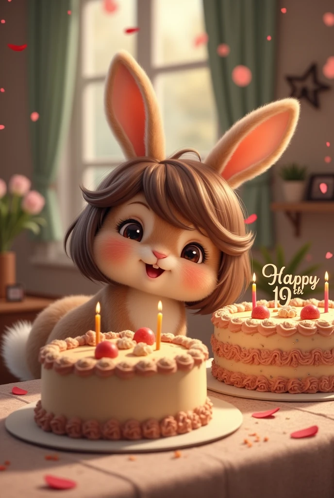 Make a bunny with a brown wig and a birthday cake that says happy 19th
