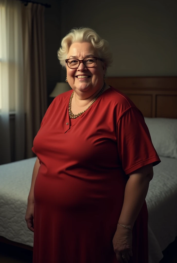 A 67 year old woman, with 1.60 centimeters, 90 kilos, blondie hair, wearing prescription glasses and a red dress. She is seen in full body standing smiling in front of a bed in a dimly lit room at night. 
