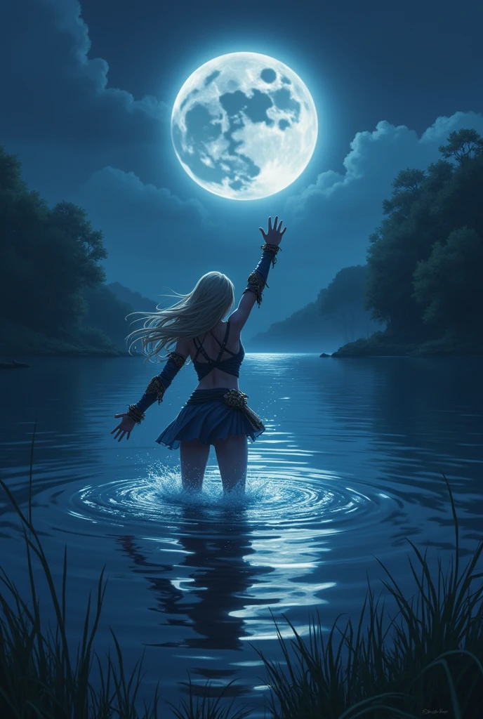 League of Legends Diana throwing her ulti in the middle of a lake at night, anime type
