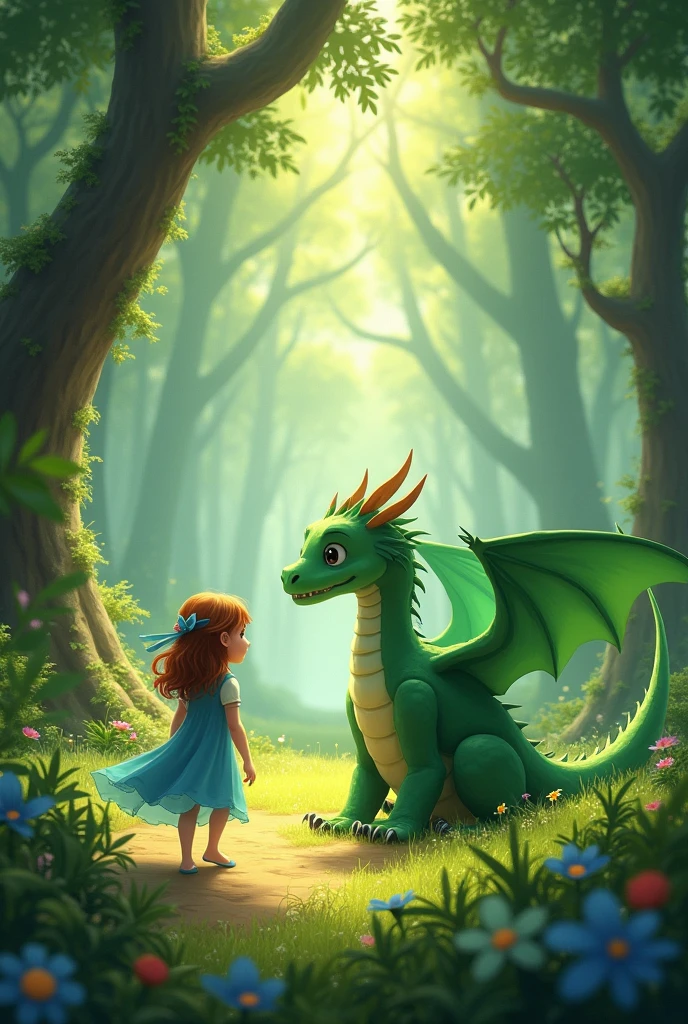 the child Bia walking through the forest in a blue dress with tall trees around. She sees Greenie, a green dragon with big wings, curled up in a clearing, looking at her with a curious look.