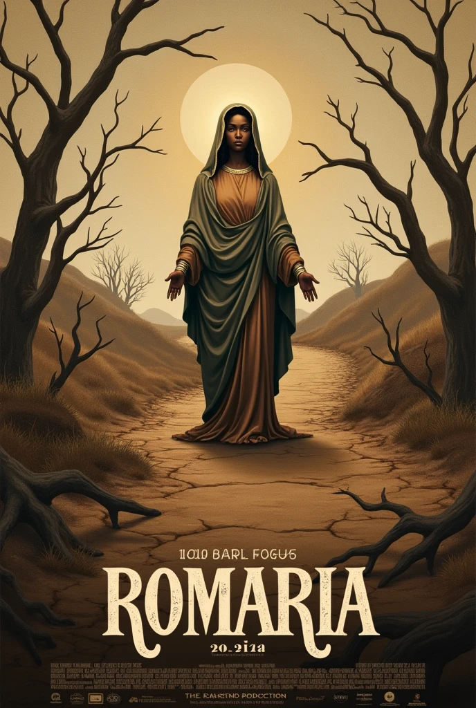 Create a poster of a play, with the title "Romaria", with the image of our lady of Aparecida, a dirt road, cracks, dry branches, use earthy tones