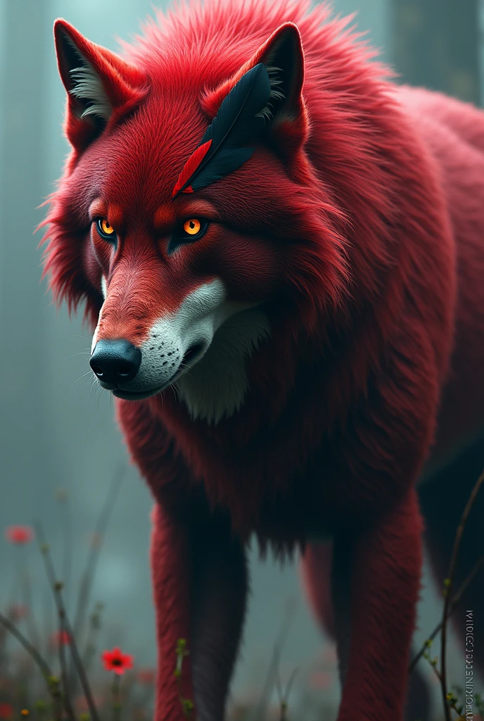 Wolf with tail fur and red fur with red eyes and a red feather and a black feather on the right side of the head and 4 meters tall