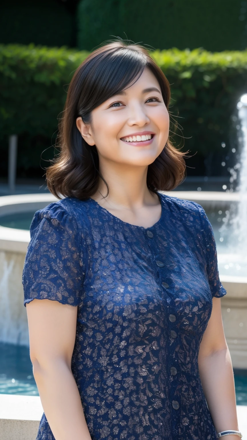 最high quality, In 8K, whole body, Real, Upper Body, high quality, High resolution, Detailed face, Detailed eyes, Thick lips, (Look at the viewers), alone, Middle-aged women, , 60 years old, , Wavy Hair, , Wearing short sleeves, Standing in front of a fountain, Wrinkles around the eyes, Smiling with teeth showing, Background Blur