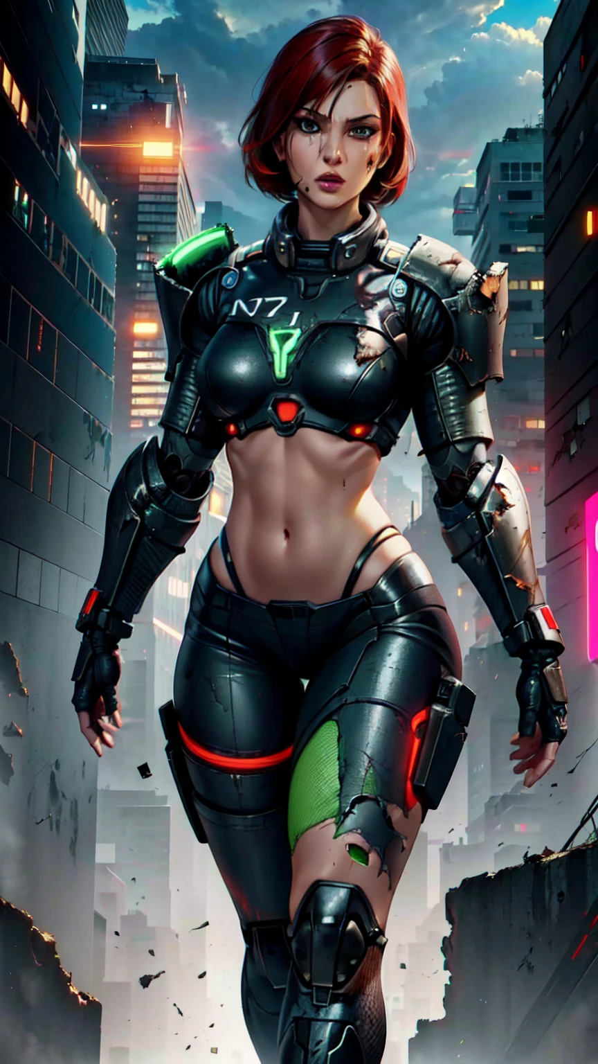 (promotional art), (Whole body), Jane Shepard, solo,short hair,red hair,green eyes,
Shepard, black power armor,  
Walking towards camera, N7, (damaged N7 armor exposing midriff:1.2), (left thigh showing), 
City ruins, neon lights, (insanely detailed, beautiful detailed face, masterpiece, best quality)  