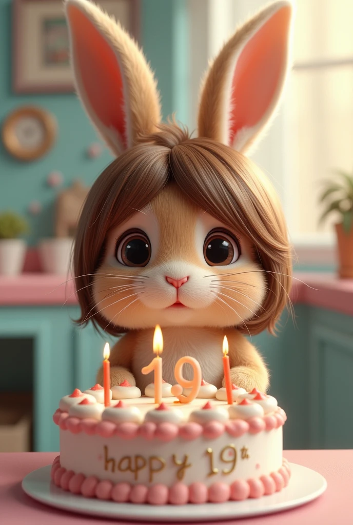 Make a bunny with a brown wig and a birthday cake that says happy 19th