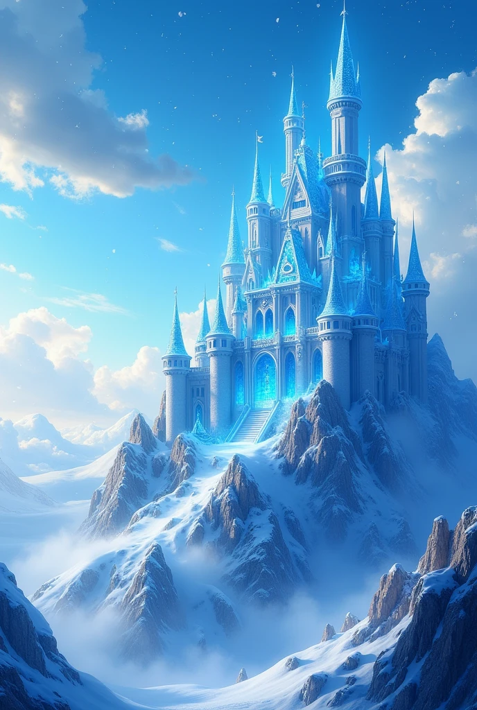 A blue castle on top of the ice mountain in the upper right corner, lots of clouds and snowflakes, Disney drawing, vibrant light blue, more clouds, lots of clouds and ice
