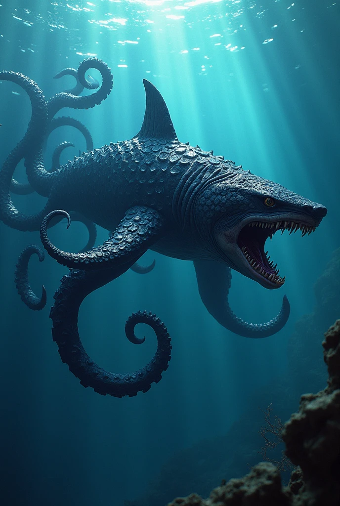 Create a fusion of a shark and an octopus