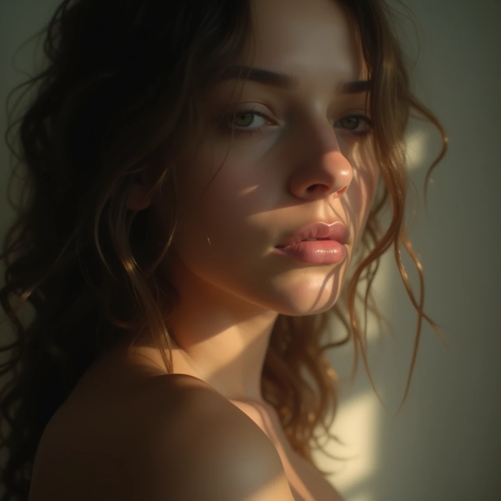 I am the blurred lines of her and of her different faces that exist above her of her different lives only a blurred figure is seen only of her naked body and the expression of her face that sees the pain with that light of nostalgia and shadows with volumes , It is hope come true, her entire body is seen in blur, the message I want to convey is that there is tranquility for her. , 24k artwork uses volume in shadows uses the rules of composition uses the rules of cinema uses its colors rule of thirds and all the rules of photography uses the compositions of cinema shadows with volume and uses the latest image creation techniques photoshop rendering