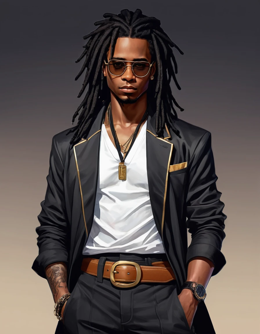 Dark-skinned young man with brown eyes and a black jacket., Black dreadlocks, Black glasses, Hairstyle with dreadlocks, in human style, colorful sketch, unrealistic character concept, Conceptual portrait of my character, подробный character portrait, anime style character, anime style portrait, character portrait, cel - shaded art style, Her outfit consists of black, unbuttoned jacket with gold buttons on the front and bottom of the sleeves, he wears a white V-neck shirt., White pants, large black belt with gold buckle, smaller black belt, hanging from the side of her hip, and he's wearing beige shoes with black buckles, вдохновение King of Fighters