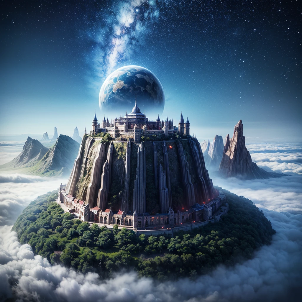 (8k, highest quality, masterpiece, final fantasy style: 1.2), (unRealistic, photoRealistic: 1.37), Dreamy landscape, Fantasy, Unsurreal landscapes, Super detailed, Flying Castle, Floating Island in the Sky, Seven-colored swirl of light, Intense lightning, milky way, Complex Light, Colored light, Large Lake, Starry sky reflected on the lake surface, Countless shining stars, Meteors,  Reflections , (A pillar of light emanated from the ground:1,2), roses and orchids gardens , sunset, pink clouds, waterfalls in the sky, realistic style, Hyperrealism drawing, a flying pirate spaceship floating at the clouds level, burning skyscrapers, cyborgs, timeless realms, stunning  princess  ,  casting spell, healing light magic effect, in a magical lagoon of the fairyland, crystal clear water surface reflections, sharp focus, looking at viewer, (close-up:0.9), (bright white theme:1.2), (bright white tone:1.2), (deep blue tone:1.3),((( realistic, Hyperrealism, vivid colours , landscapes , alien cyborgs , science fiction themes))), 