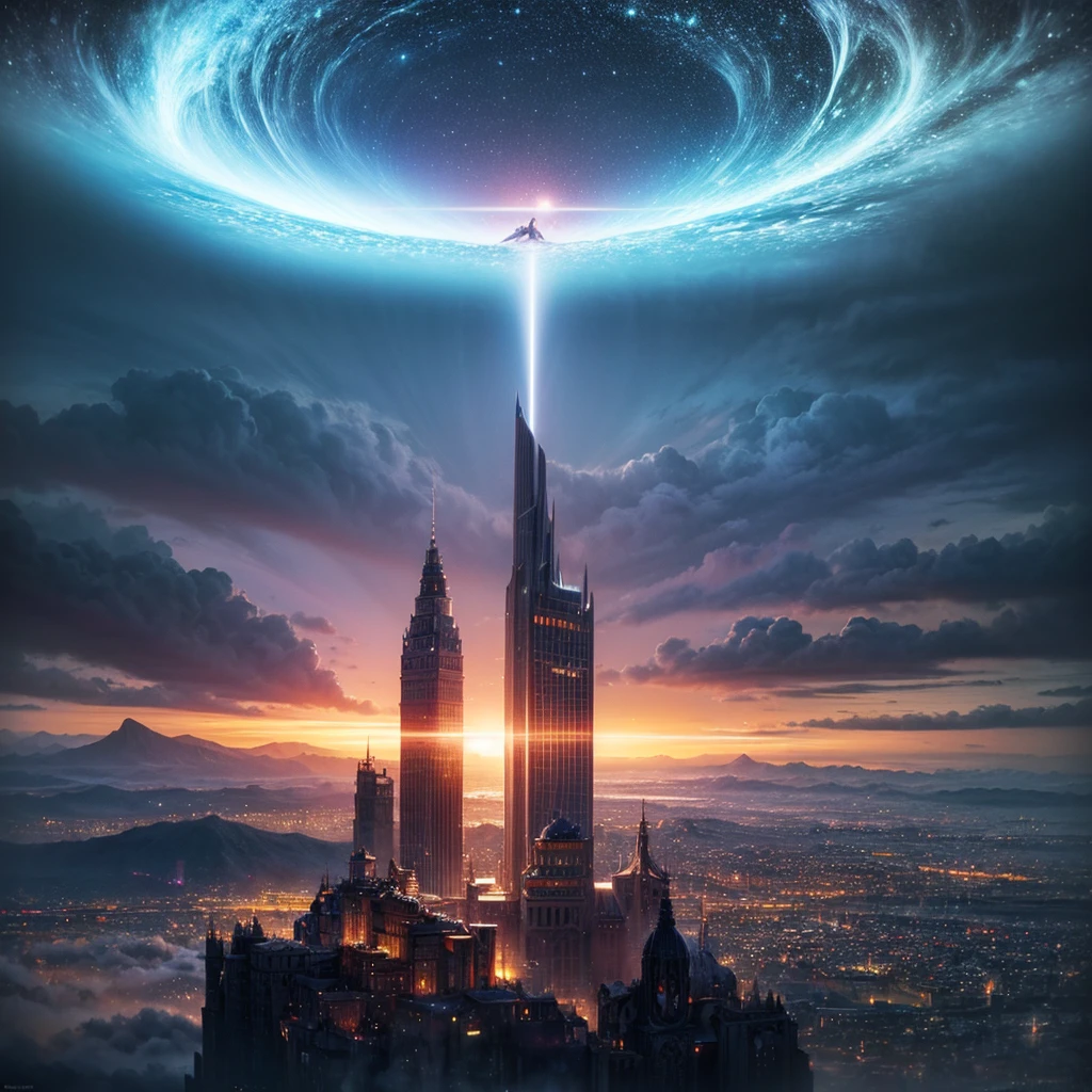 (8k, highest quality, masterpiece, final fantasy style: 1.2), (unRealistic, photoRealistic: 1.37), Dreamy landscape, Fantasy, Unsurreal landscapes, Super detailed, Flying Castle, Floating Island in the Sky, Seven-colored swirl of light, Intense lightning, milky way, Complex Light, Colored light, Large Lake, Starry sky reflected on the lake surface, Countless shining stars, Meteors, Reflections , (A pillar of light emanated from the ground:1,2), roses and orchids gardens , sunset, pink clouds, waterfalls in the sky, realistic style, Hyperrealism drawing, a flying pirate spaceship floating at the clouds level, burning skyscrapers, cyborgs, timeless realms, stunning princess , casting spell, healing light magic effect, in a magical lagoon of the fairyland, crystal clear water surface reflections, sharp focus, looking at viewer, (close-up:0.9), (bright white theme:1.2), (bright white tone:1.2), (deep blue tone:1.3),((( realistic, Hyperrealism, vivid colours , landscapes , alien cyborgs , science fiction themes))),