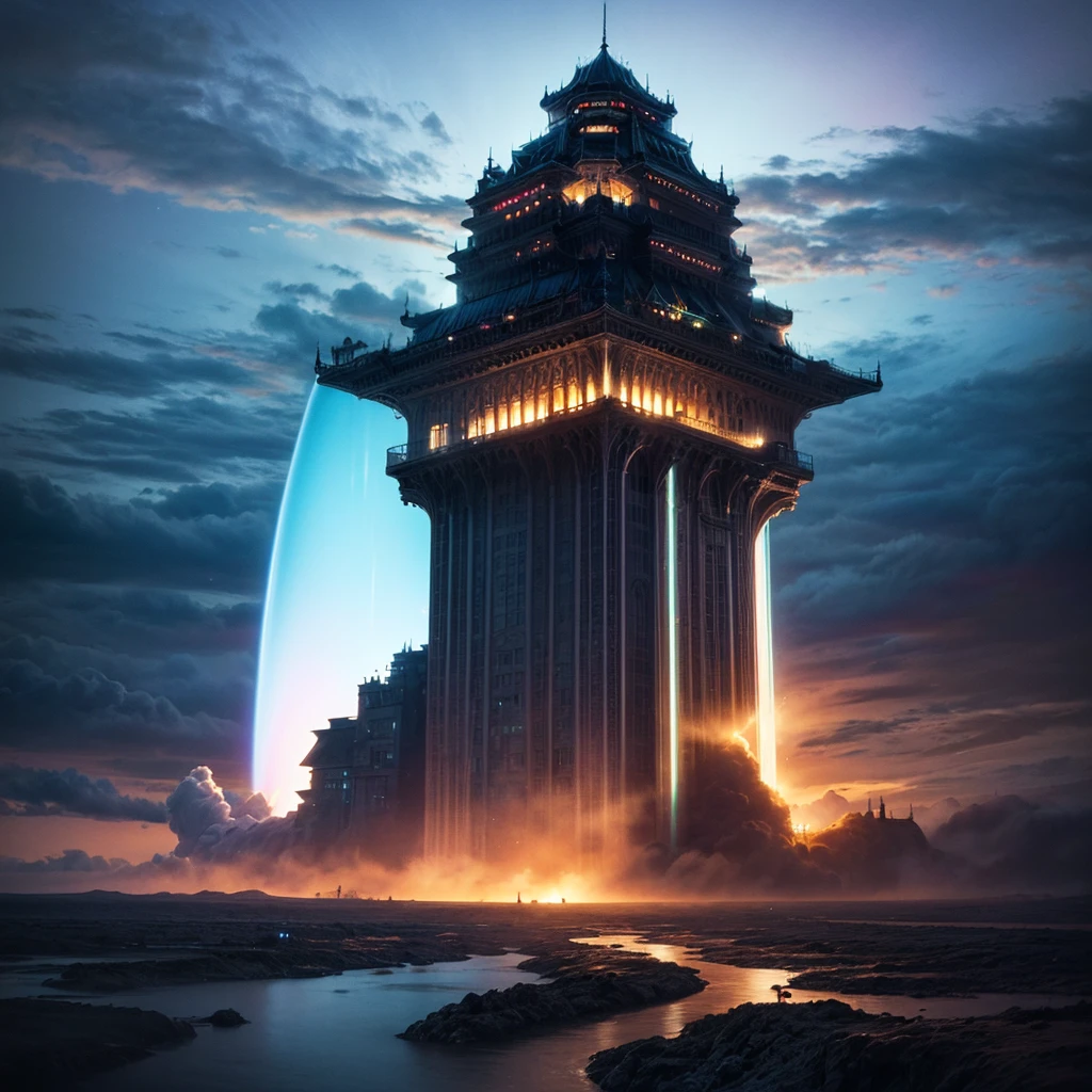 (8k, highest quality, masterpiece, final fantasy style: 1.2), (unRealistic, photoRealistic: 1.37), Dreamy landscape, Fantasy, Unsurreal landscapes, Super detailed, Flying Castle, Floating Island in the Sky, Seven-colored swirl of light, Intense lightning, milky way, Complex Light, Colored light, Large Lake, Starry sky reflected on the lake surface, Countless shining stars, Meteors,  Reflections , (A pillar of light emanated from the ground:1,2), roses and orchids gardens , sunset, pink clouds, waterfalls in the sky, realistic style, Hyperrealism drawing, a flying pirate spaceship floating at the clouds level, burning skyscrapers, cyborgs, timeless realms, stunning  princess  ,  casting spell, healing light magic effect, in a magical lagoon of the fairyland, crystal clear water surface reflections, sharp focus, looking at viewer, (close-up:0.9), (bright white theme:1.2), (bright white tone:1.2), (deep blue tone:1.3),((( realistic, Hyperrealism, vivid colours , landscapes , alien cyborgs , science fiction themes))), 