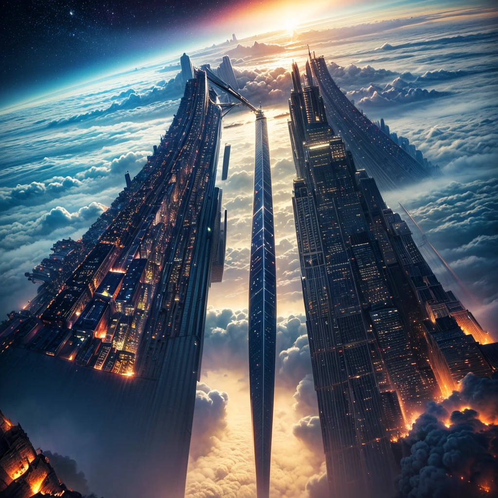(8k, highest quality, masterpiece, final fantasy style: 1.2), (unRealistic, photoRealistic: 1.37), Dreamy landscape, Fantasy, Unsurreal landscapes, Super detailed, Flying Castle, Floating Island in the Sky, Seven-colored swirl of light, Intense lightning, milky way, Complex Light, Colored light, Large Lake, Starry sky reflected on the lake surface, Countless shining stars, Meteors, Reflections , (A pillar of light emanated from the ground:1,2), roses and orchids gardens , sunset, pink clouds, waterfalls in the sky, realistic style, Hyperrealism drawing, a flying pirate spaceship floating at the clouds level, burning skyscrapers, cyborgs, timeless realms, stunning princess , casting spell, healing light magic effect, in a magical lagoon of the fairyland, crystal clear water surface reflections, sharp focus, looking at viewer, (close-up:0.9), (bright white theme:1.2), (bright white tone:1.2), (deep blue tone:1.3),((( realistic, Hyperrealism, vivid colours , landscapes , alien cyborgs , science fiction themes))),