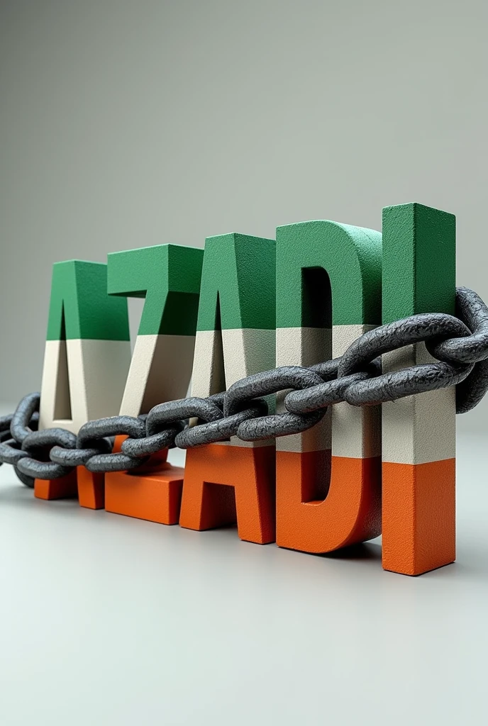 AZADI text badly covered with chain. Colours used:- green orange white. 3D. Front view. make image