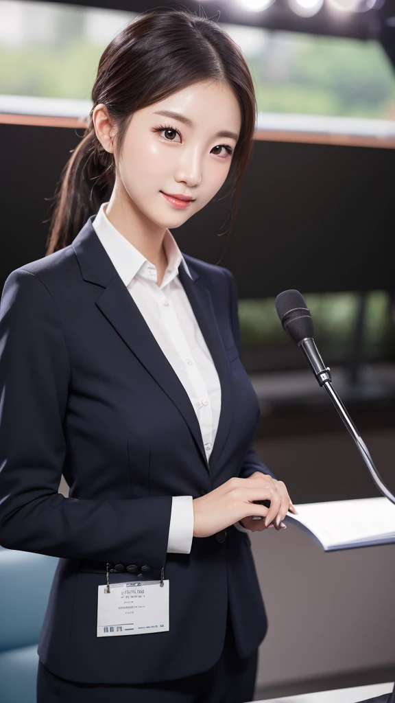 High resolution,woman,Korean Beauty,slim,Small breasts,Black Hair,ponytail,Brown eyes,No makeup, White skin,Age 27,Long face,High nose,In formal attire,uniform,announcer, news caster