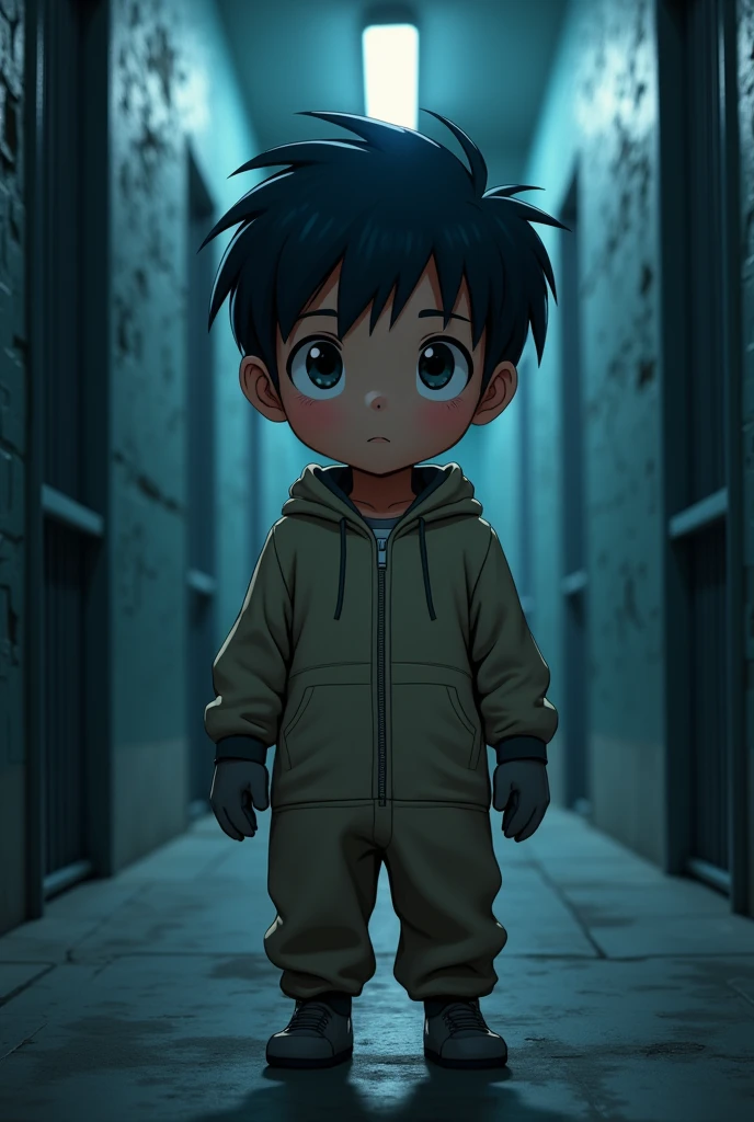 Cinematic Anime style. Manga art. TME0224 face, (((a , 4yo))) in funny night (((wearing a baggy zipper onesie with hands in mitts))). (((Prison Cell background))). cinematic lighting, drop shadow, masterpiece, UHD, anatomically correct, textured skin, super detail, high details, high quality, best quality, 4K, full body