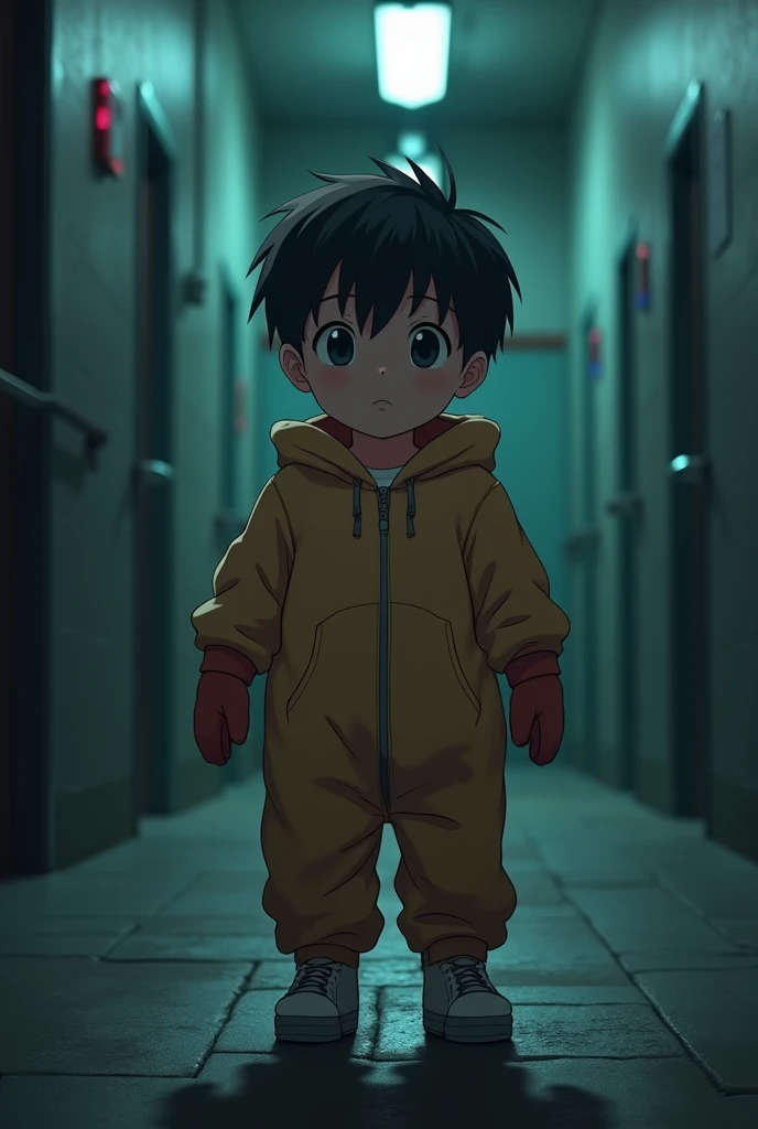 Cinematic Anime style. Manga art. TME0224 face, (((a baby boy, ))) in a funny night (((wearing a baggy zipper onesie with hands in mitts))). (((Prison Cell background))). cinematic lighting, drop shadow, masterpiece, UHD, anatomically correct, textured skin, super detail, high details, high quality, best quality, 4K, full body
