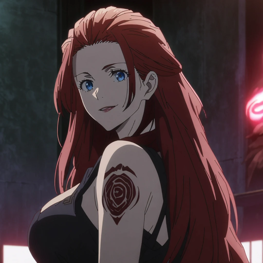 1girl, female sukuna satoru, jujutsu kaisen anime screencap, ryomen sukuna female version, solo, very long hair, ((The hair is styled with part pulled back and the rest cascading down the back)) blue eyes, (( red eyelashes )), ((very long red_hair)), red night vision, breasts, upper body, smile, indoors, book, bangs, red_eyes, lips, (wearing dark sukuna tattoos on her face) wearing tube tutop -black falling on the shoulder, chest, "very detailed and high resolution" (red eyes) ((smooth texture hair)) ((ground)) ((high resolution)) ((cowboy photo)) (Good quality) neckline ,((front view))