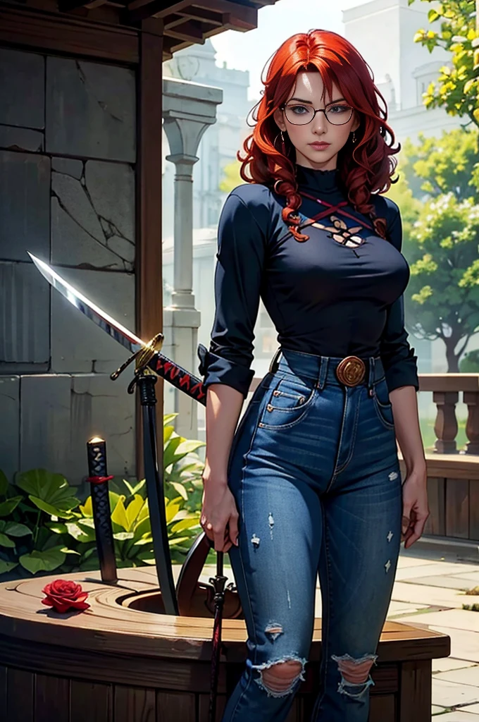 red head with curly hair and rose tattoos on shoulders and forearms, wearing blue top and jeans, oculos de sol, carrying a katana. She has one eye of each color: Green in the light, Blue on the left. witch/Celtic clothing style, in Brazil. The scene must be in the distinct real-life style of Cinematic, Focus on the characters' expressions, colors, Natural textures and detailed animation features.