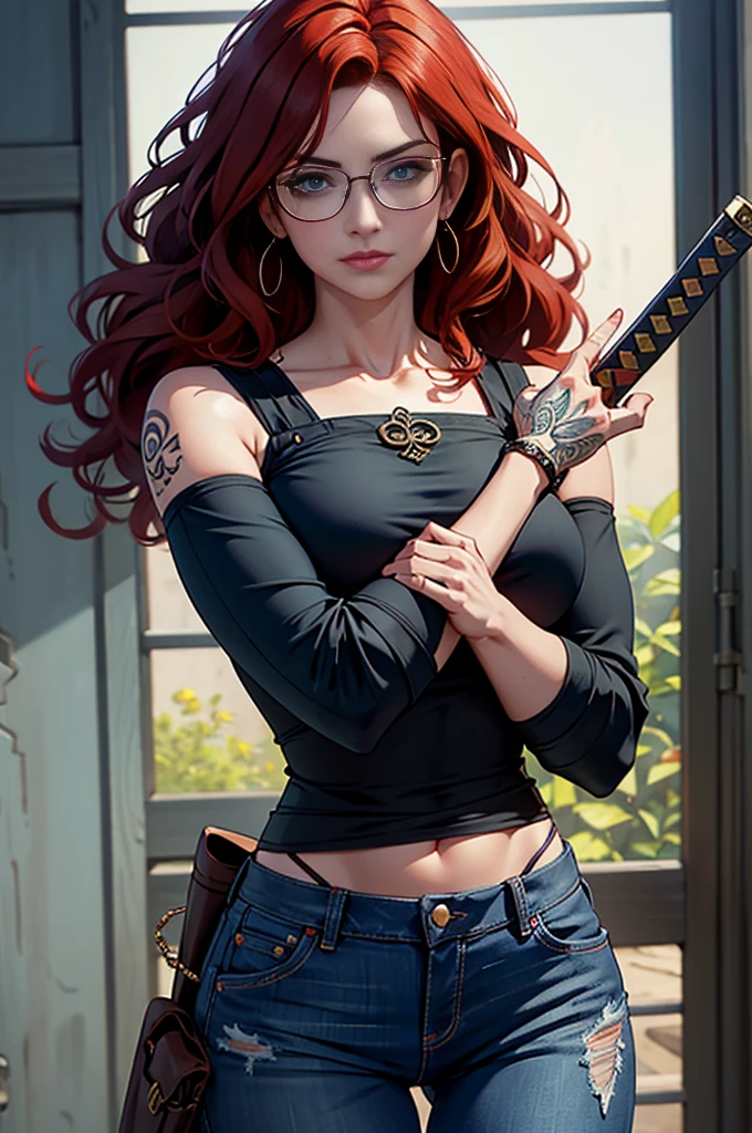  red head with curly hair and rose tattoos on shoulders and forearms, wearing blue top and jeans, oculos de sol, carrying a katana. She has one eye of each color: Green in the light, Blue on the left. witch/Celtic clothing style, in Brazil. The scene must be in the distinct real-life style of Cinematic, Focus on the characters&#39; expressions, colors, Natural textures and detailed animation features.