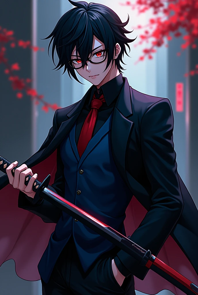 A very handsome anime assassin character who has Dazai-style hair with a black and blue Akutagawa-style suit, black pants and a black and white tuft of hair, black shoes with red eyes and black around the iris with a black and red scissor seven-style katana with a psychopath smile and light black glasses. 