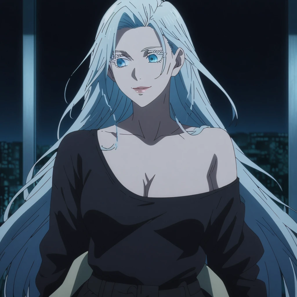 1girl, female gojo satoru, anime screencap from jujutsu kaisen, gojo satoru female version, solo, very long_hair, ((The hair is styled with part of it pulled back and the rest cascading down her back)) blue eyes, ((white eyelashes)), ((very long white_hair)), night view, breasts, upper_body, smile, indoors, book, bangs, blue_eyes, lips, (wearing round sunglasses)  wearing black color sweater off the shoulder, breast, "very detailed and high resolution" (blue eyes) ((smooth texture hair)) ((solo)) ((high resolution)) ((cowboy shot)) (Good quality)  cleavage,((front view))