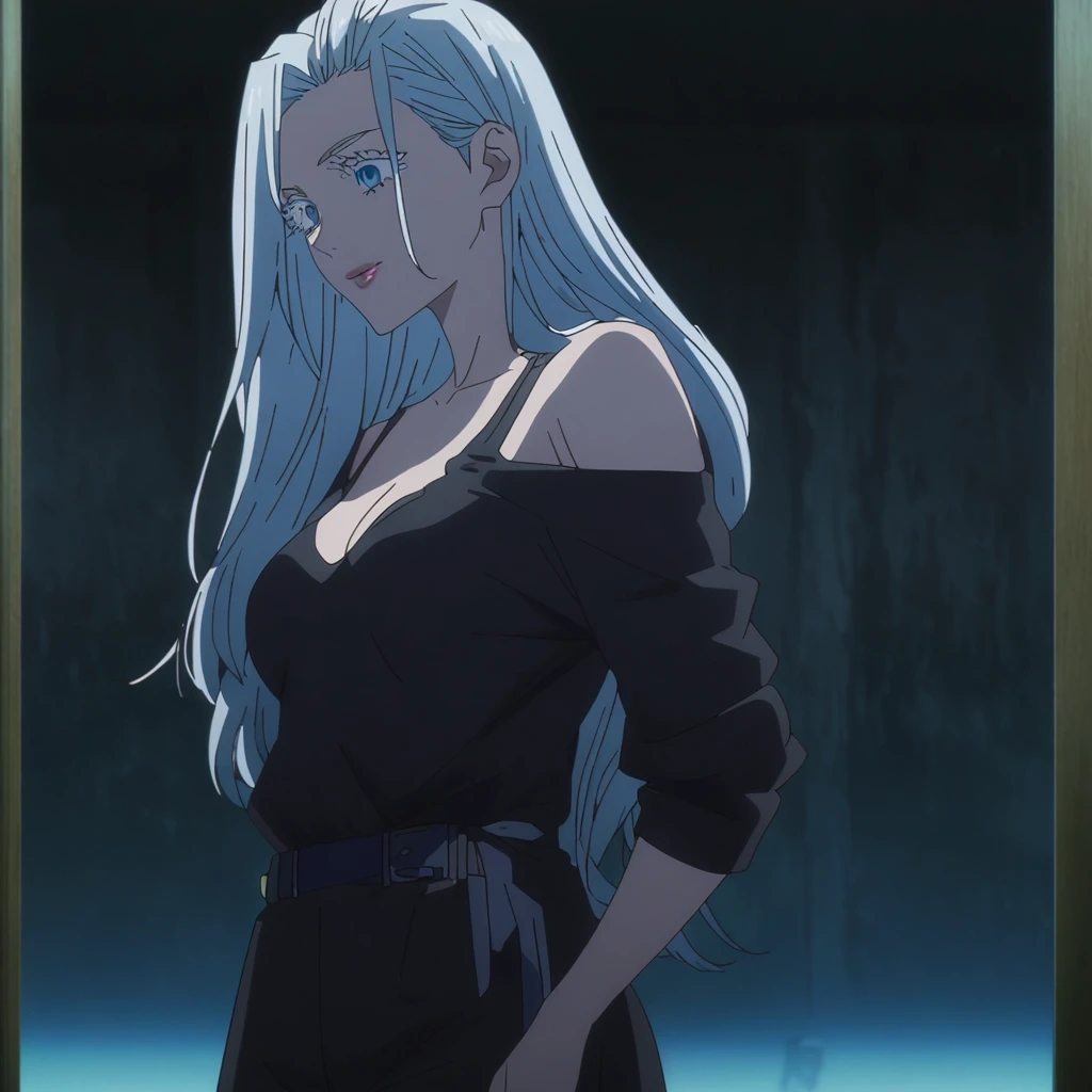 1girl, female gojo satoru, anime screencap from jujutsu kaisen, gojo satoru female version, solo, very long_hair, ((The hair is styled with part of it pulled back and the rest cascading down her back)) blue eyes, ((white eyelashes)), ((very long white_hair)), night view, breasts, upper_body, smile, indoors, book, bangs, blue_eyes, lips, (wearing round sunglasses) wearing black color sweater off the shoulder, breast, "very detailed and high resolution" (blue eyes) ((smooth texture hair)) ((solo)) ((high resolution)) ((cowboy shot)) (Good quality) cleavage,((front view))