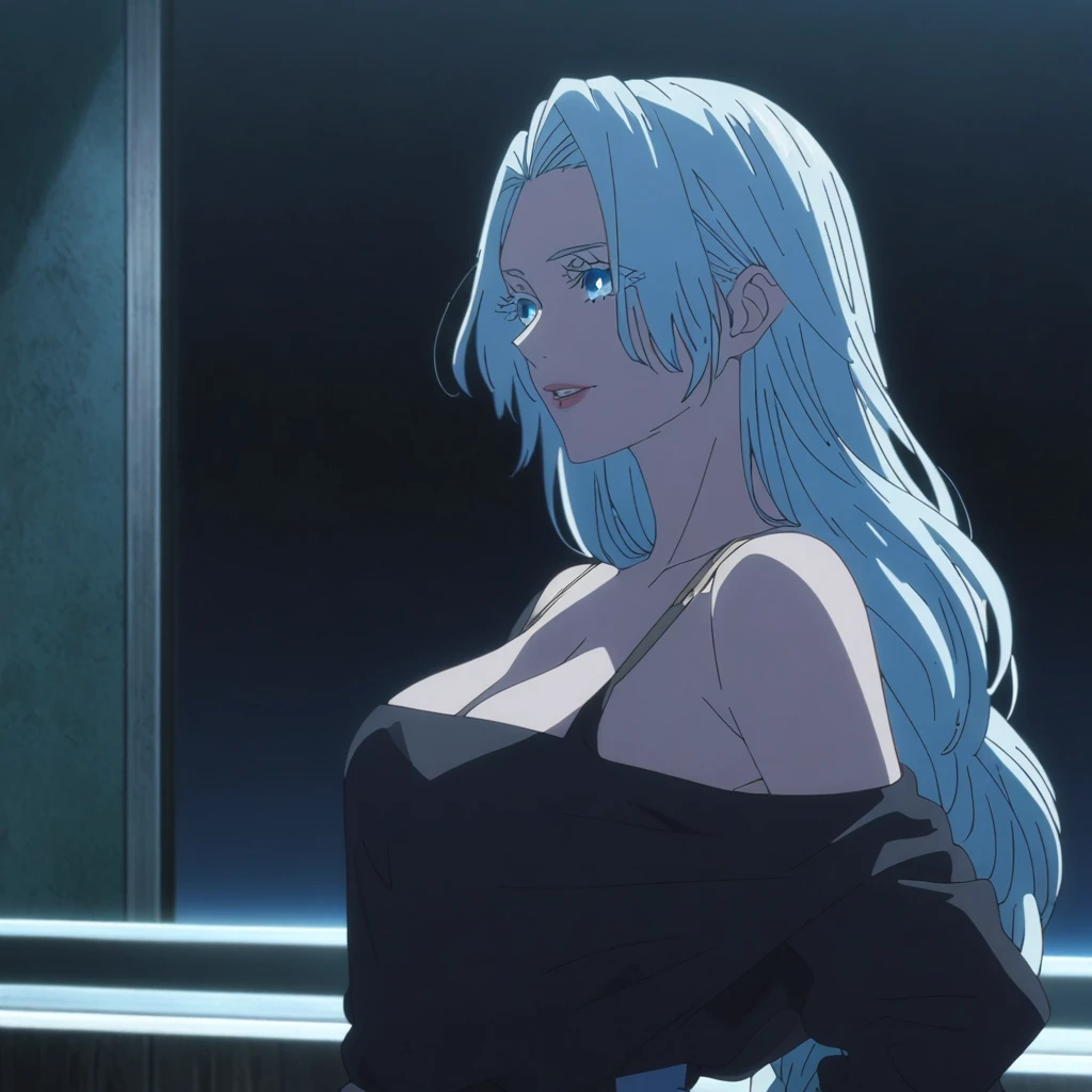1girl, female gojo satoru, anime screencap from jujutsu kaisen, gojo satoru female version, solo, very long_hair, ((The hair is styled with part of it pulled back and the rest cascading down her back)) blue eyes, ((white eyelashes)), ((very long white_hair)), night view, breasts, upper_body, smile, indoors, book, bangs, blue_eyes, lips, (wearing round sunglasses) wearing black color sweater off the shoulder, breast, "very detailed and high resolution" (blue eyes) ((smooth texture hair)) ((solo)) ((high resolution)) ((cowboy shot)) (Good quality) cleavage,((front view))