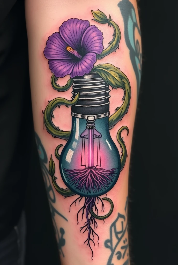 Ipomoea purpurea arm tattoo , planted in an upside down lamp bulb with roots visible in the bulb and plant outwards wrapping around another tattoo with Arabic writing