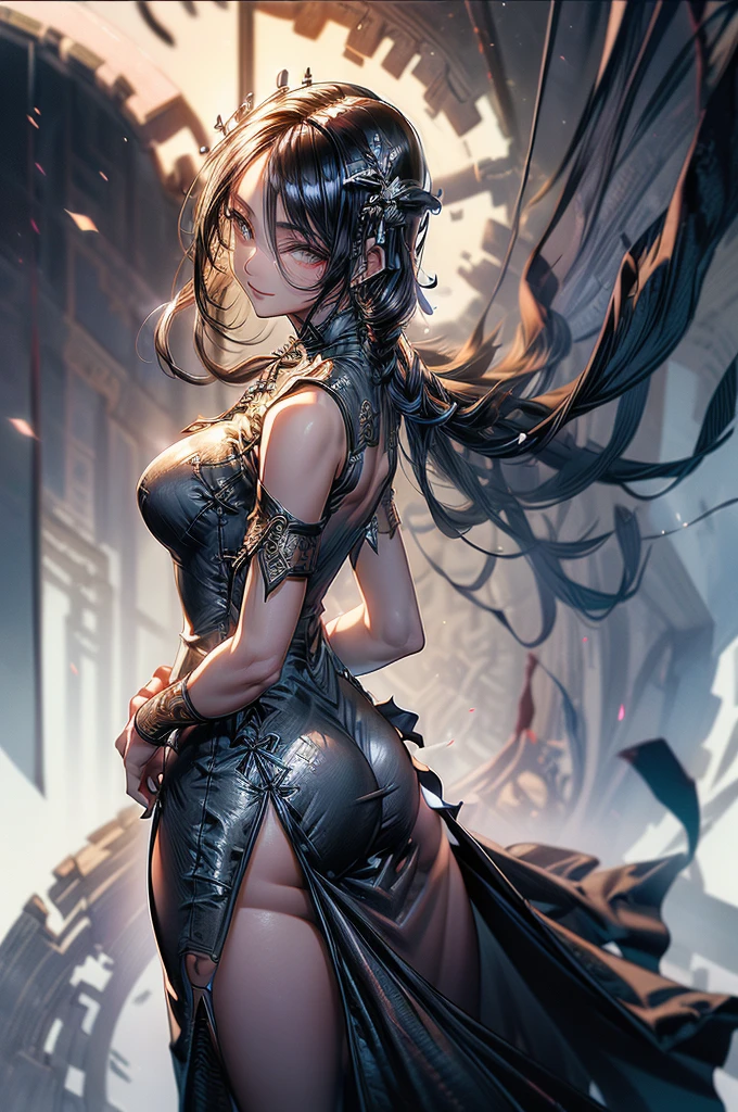 Raw photo, masterpiece, best quality, ultra-detailed, high resolution, extremely detailed CG, unity 8k wallpaper, official art, production art, novel illustration, caustics, textile shading, super detailed skin, perfect anatomy, detailed, cinematic lighting, dynamic lighting, older woman, slender and thin woman, 35 years old, beautiful detailed eyes, (Pale white skin), cold and icy smile,(nsfw:0.7), (Form-fitting Cheongsam dress :1.5), (EE breasts), curvy and thick slim body, large buttocks, raven black hair, piercing jet black eyes, long lashes, eye shadow, eyeliner, detailed eyes, beautiful eyes, full black lips, tall height(180cm), behind viewer, back shot, hips focus, Icy cold temperament, close up picture, (side slit dress:1.5)