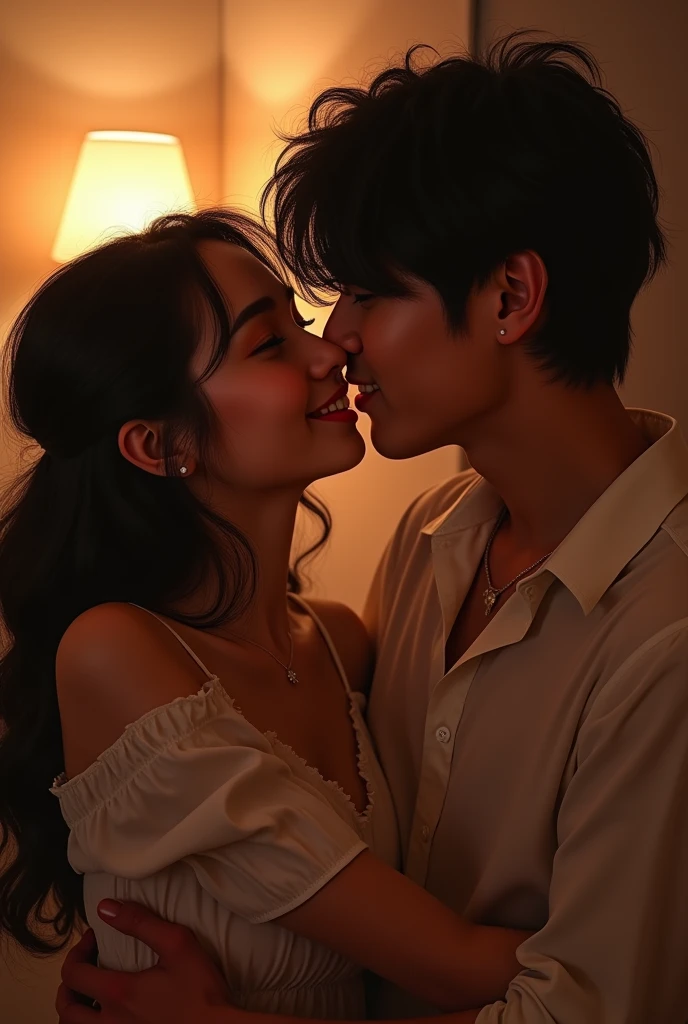 Renata laughs with Taehyung from BTS kissing