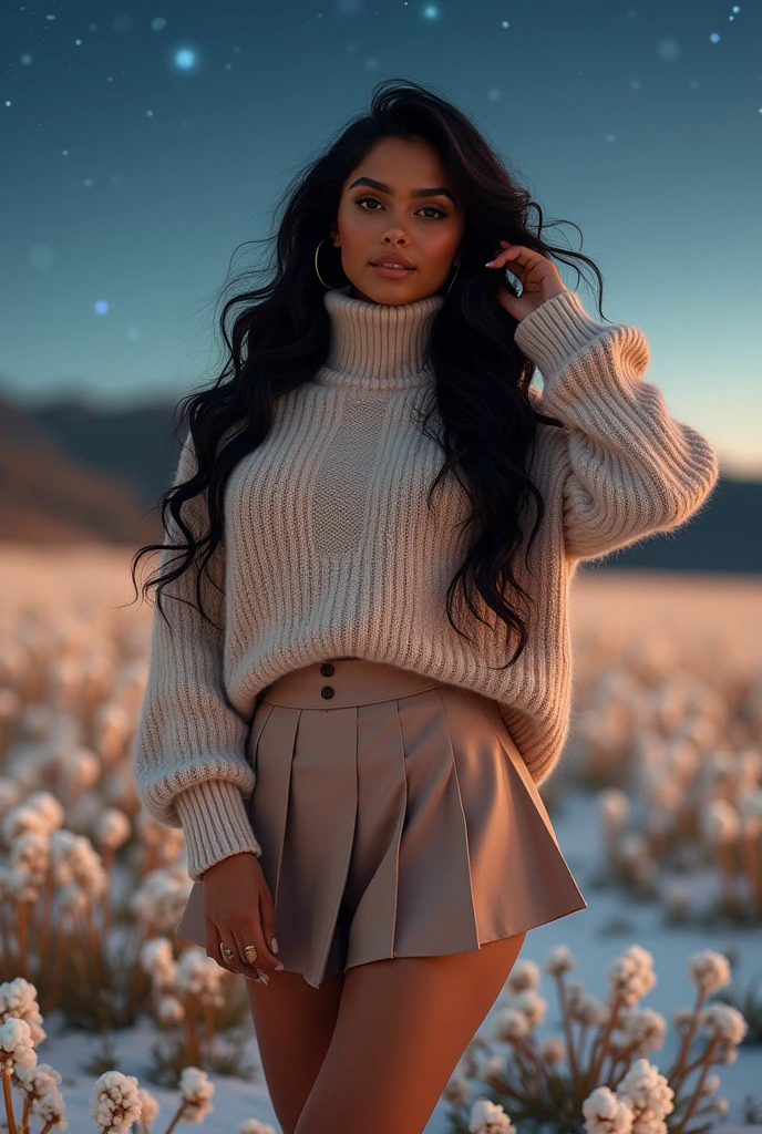 The subject a gorgeous indian girl, long hair. She's a men magazine model. She flirts with camera. She wears: (a long sleeve random color turtleneck large loose wool sweater:1.1), (a random color pleated mini skirt:1.2), Louboutin white shoes, high heels. She stands in gorgeous field with winter flowers, clear starry night, Perfect eyes, perfect hands, perfect body, perfect hair, perfect breast, UHD, retina, masterpiece, accurate, anatomically correct, textured skin, super detail, high details, high quality, award winning, best quality, highres, 16k, 8k, very short skirt