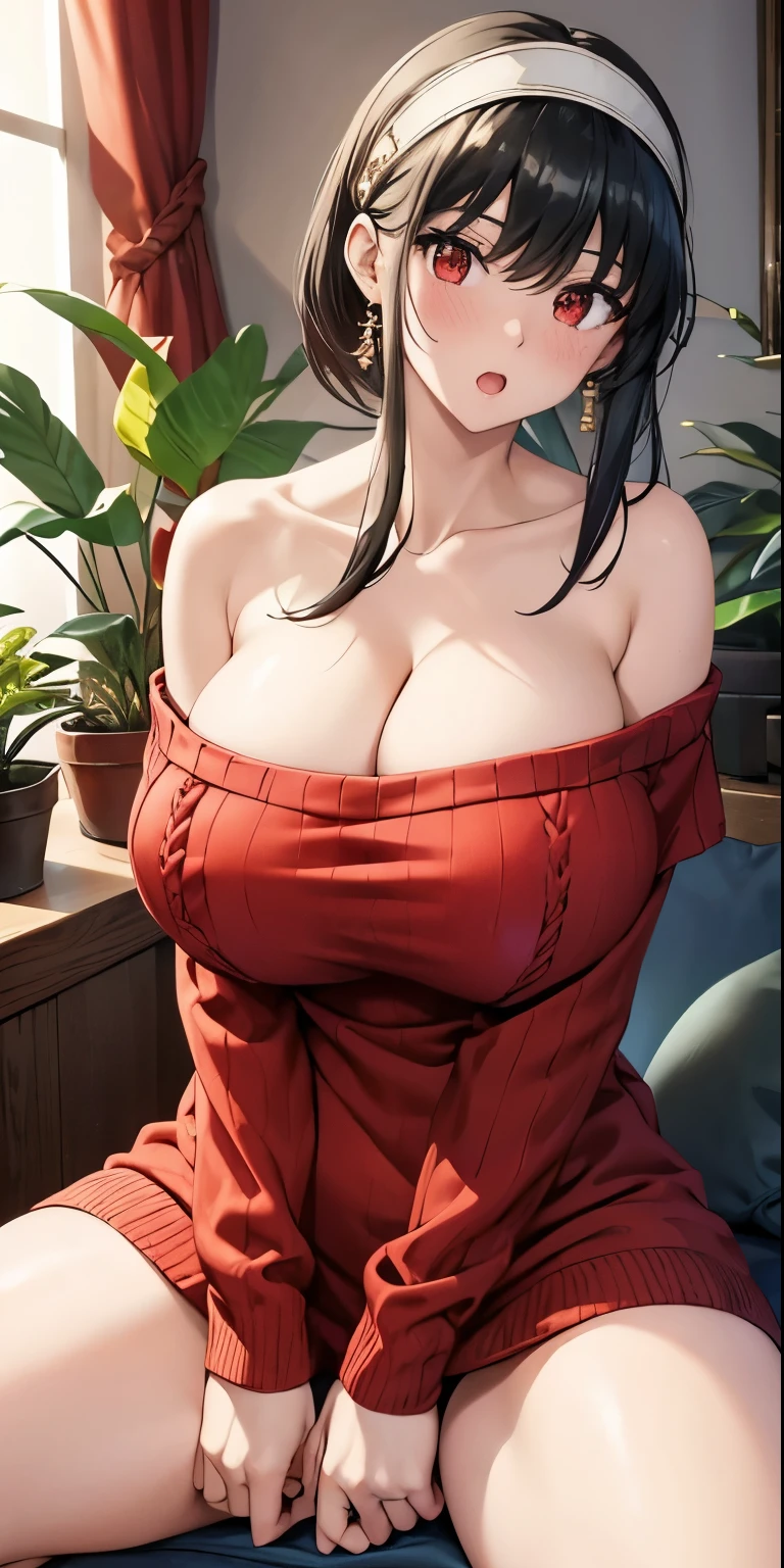 masterpiece, yor, 1girl, solo, looking at viewer, open mouth, black hair, red eyes, dress, bare shoulders, jewelry, collarbone, sidelocks, hairband, earrings, indoors, off shoulder, :o, sweater, arms behind back, plant, short hair with long locks, white hairband, off-shoulder dress, sweater dress, off-shoulder sweater, red sweater, big side hair, very long side hair,(big tits:1.4), (huge tits),cleavage,(upper body),((nipples)),((show tits)),(blush:1.3), sitting,(spread legs),(wide thighs:1.4),(black lace panties),(cameltoe)