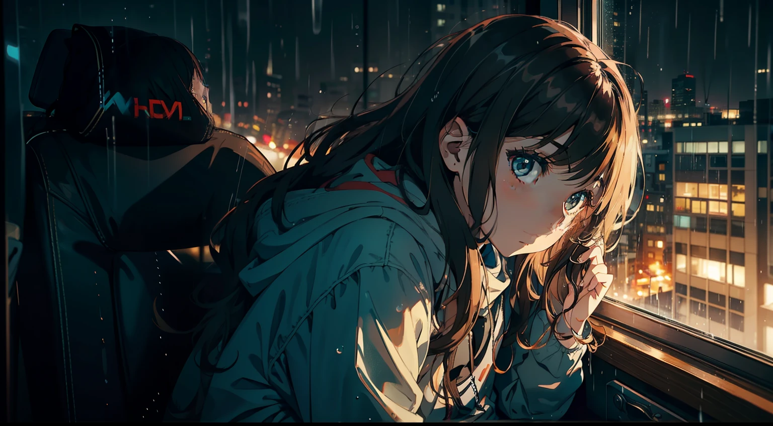 Girl, dark brown wavy hair. Girl Sitting in gamer chair and looks out the window. Out the window Night city street, rain, dark sky. Rain Drops run down the glass. warm, pleasant lighting. Camera behind the girl