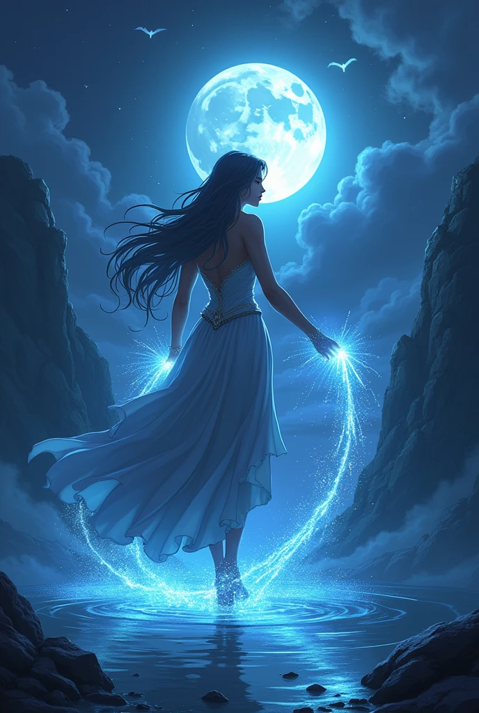 diana from league of legends pulling her ultimate ( Diana reveals and attracts all nearby enemies, and slows them down. If Diana pulls one or more enemy champions, A torrent of moonlight rushes towards her after a few moments, dealing magic damage in an area around her., which increases for each additional target attracted with the ability) in the middle of a lake at night, anime type
