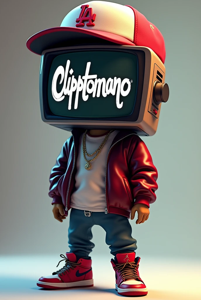 animated person, who dresses like a rapper from the USA, that wears a cap that says LA, that wears Jordan sneakers and that has a TV screen as a head that says Clipptomano in graffiti letters