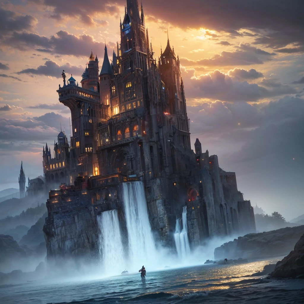 (8k, highest quality, masterpiece, final fantasy style: 1.2), (unRealistic, photoRealistic: 1.37), Dreamy landscape, Fantasy, Unsurreal landscapes, Super detailed, Flying Castle, Floating Island in the Sky, Seven-colored swirl of light, Intense lightning, milky way, Complex Light, Colored light, Large Lake, Starry sky reflected on the lake surface, Countless shining stars, Meteors,  Reflections , (A pillar of light emanated from the ground:1,2), roses and orchids gardens , sunset, pink clouds, waterfalls in the sky, realistic style, Hyperrealism drawing, a flying pirate spaceship floating at the clouds level, burning skyscrapers, cyborgs, timeless realms, stunning  princess  ,  casting spell, healing light magic effect, in a magical lagoon of the fairyland, crystal clear water surface reflections, sharp focus, looking at viewer, (close-up:0.9), (bright white theme:1.2), (bright white tone:1.2), (deep blue tone:1.3),((( realistic, Hyperrealism, vivid colours , landscapes , alien cyborgs , science fiction themes))), (((2 humanoid stunning female cyborgs posing )))
