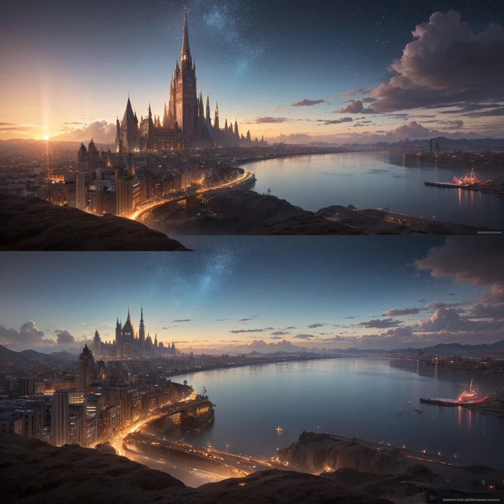 (8k, highest quality, masterpiece, final fantasy style: 1.2), (unRealistic, photoRealistic: 1.37), Dreamy landscape, Fantasy, Unsurreal landscapes, Super detailed, Flying Castle, Floating Island in the Sky, Seven-colored swirl of light, Intense lightning, milky way, Complex Light, Colored light, Large Lake, Starry sky reflected on the lake surface, Countless shining stars, Meteors, Reflections , (A pillar of light emanated from the ground:1,2), roses and orchids gardens , sunset, pink clouds, waterfalls in the sky, realistic style, Hyperrealism drawing, a flying pirate spaceship floating at the clouds level, burning skyscrapers, cyborgs, timeless realms, stunning princess , casting spell, healing light magic effect, in a magical lagoon of the fairyland, crystal clear water surface reflections, sharp focus, looking at viewer, (close-up:0.9), (bright white theme:1.2), (bright white tone:1.2), (deep blue tone:1.3),((( realistic, Hyperrealism, vivid colours , landscapes , alien cyborgs , science fiction themes))), (((2 humanoid stunning female cyborgs posing )))