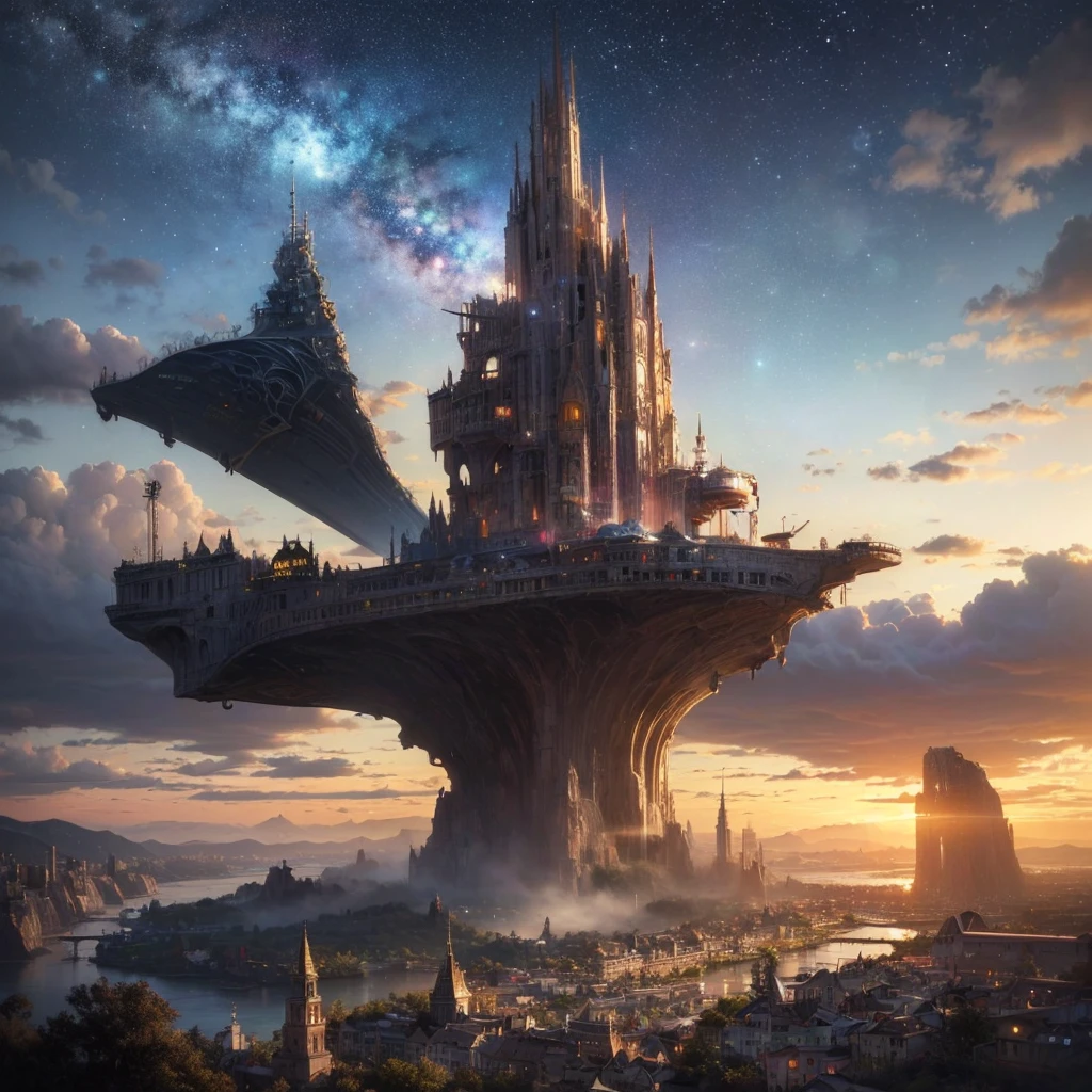 (8k, highest quality, masterpiece, final fantasy style: 1.2), (unRealistic, photoRealistic: 1.37), Dreamy landscape, Fantasy, Unsurreal landscapes, Super detailed, Flying Castle, Floating Island in the Sky, Seven-colored swirl of light, Intense lightning, milky way, Complex Light, Colored light, Large Lake, Starry sky reflected on the lake surface, Countless shining stars, Meteors, Reflections , (A pillar of light emanated from the ground:1,2), roses and orchids gardens , sunset, pink clouds, waterfalls in the sky, realistic style, Hyperrealism drawing, a flying pirate spaceship floating at the clouds level, burning skyscrapers, cyborgs, timeless realms, stunning princess , casting spell, healing light magic effect, in a magical lagoon of the fairyland, crystal clear water surface reflections, sharp focus, looking at viewer, (close-up:0.9), (bright white theme:1.2), (bright white tone:1.2), (deep blue tone:1.3),((( realistic, Hyperrealism, vivid colours , landscapes , alien cyborgs , science fiction themes))), (((2 humanoid stunning female cyborgs posing )))