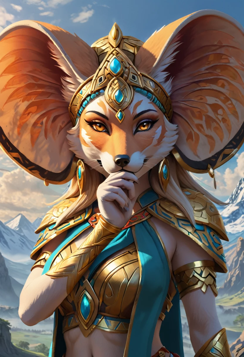 Anthropomorphic feminine kitsune enchantress. with elephant ears. Official Art – An Award-Winning Digital Masterpiece In 4K Ultra HD, Extreme Detail And Intricate Realism. Symmetrical Face. This Concept Art Brought To Life By The Hands Of Artists Like Wlop & Artgerm In A Stunning 2D Vector Illustration. Breath of the wild. Background Is A Panoramic Vista.